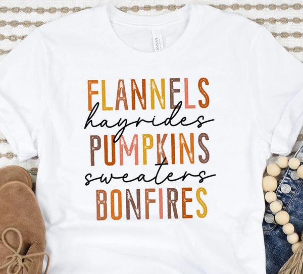 Flannels hayrides pumpkins sweaters bonfires
